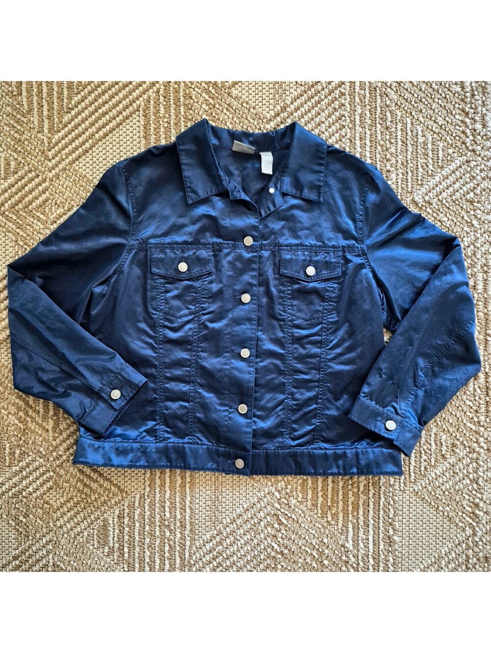 Vintage Y2K Chico’s Midnight Blue Shiny Satin Trucker Jacket Cyber Grunge 3